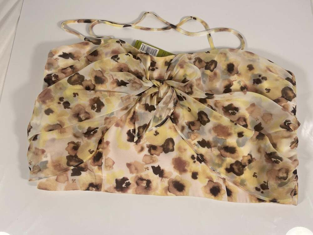 Gianni Bini Blouse Women's Large Ivory Rose Wild Flower Bow Strap Zip Crop Top